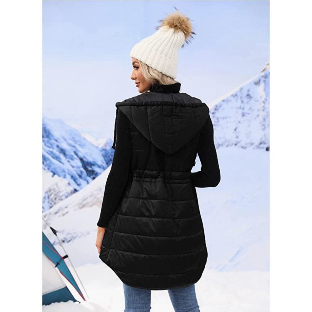 Black Quilted Puffer Hooded Zip Up Long Midi Vest Jacket Gilet Coat - Picture 5 of 7